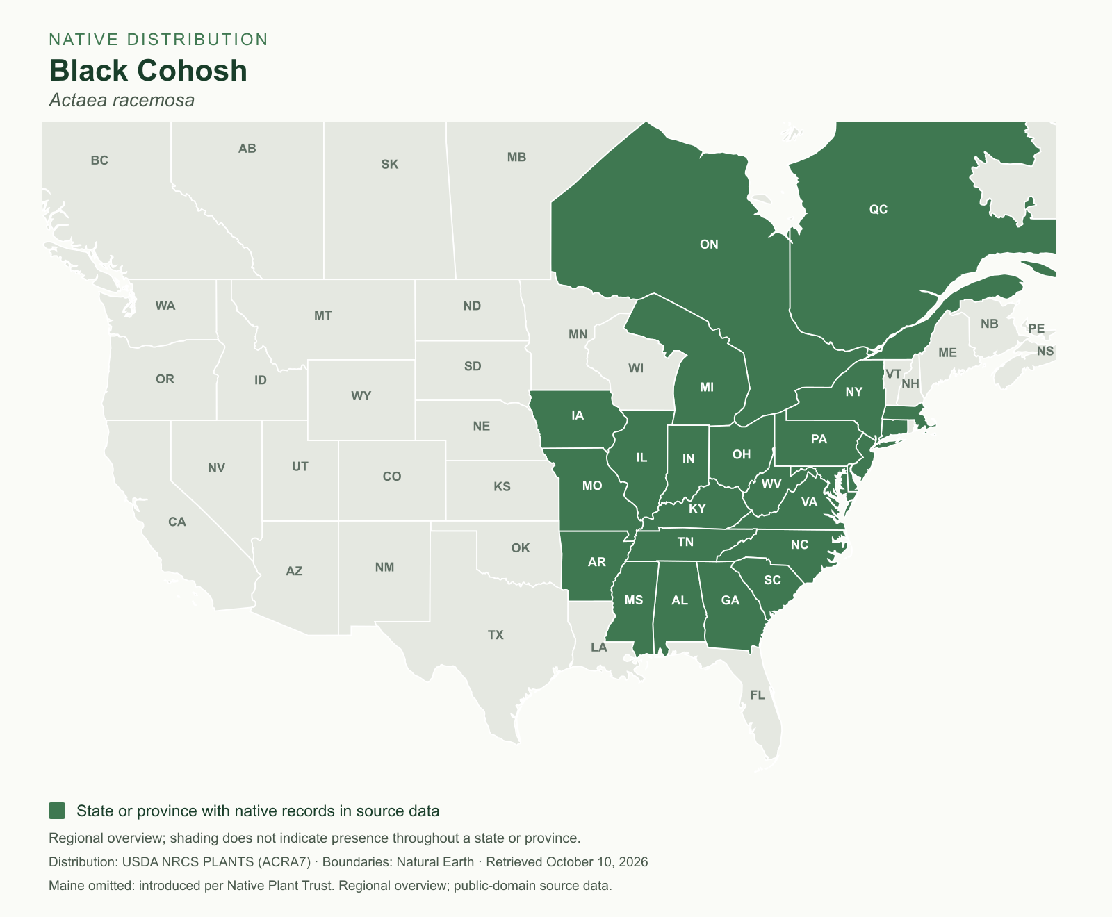 black cohosh (actaea racemosa) — native species range Regional native range map for Black Cohosh (Actaea racemosa)
