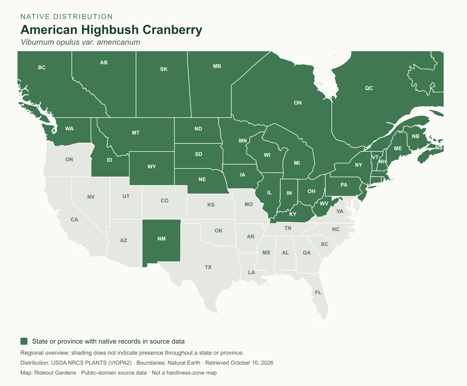 american highbush cranberry (viburnum opulus var. americanum) — native species range Regional native range map for American Highbush Cranberry (Viburnum opulus var. americanum)