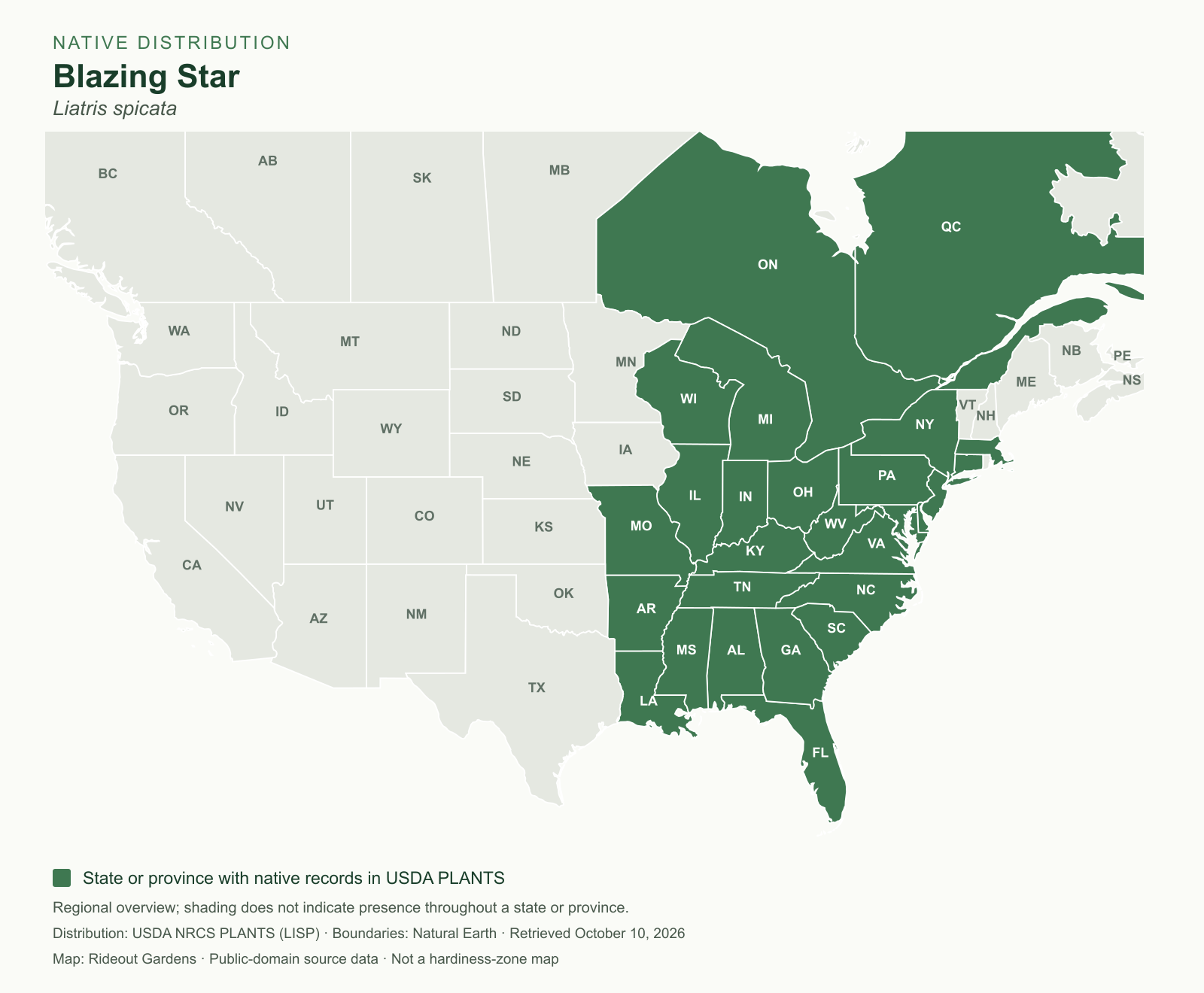liatris spicata — usda native distribution Native distribution of Liatris spicata by state and province, based on USDA PLANTS records. Green shows regions with native records; presence is not uniform throughout shaded regions.