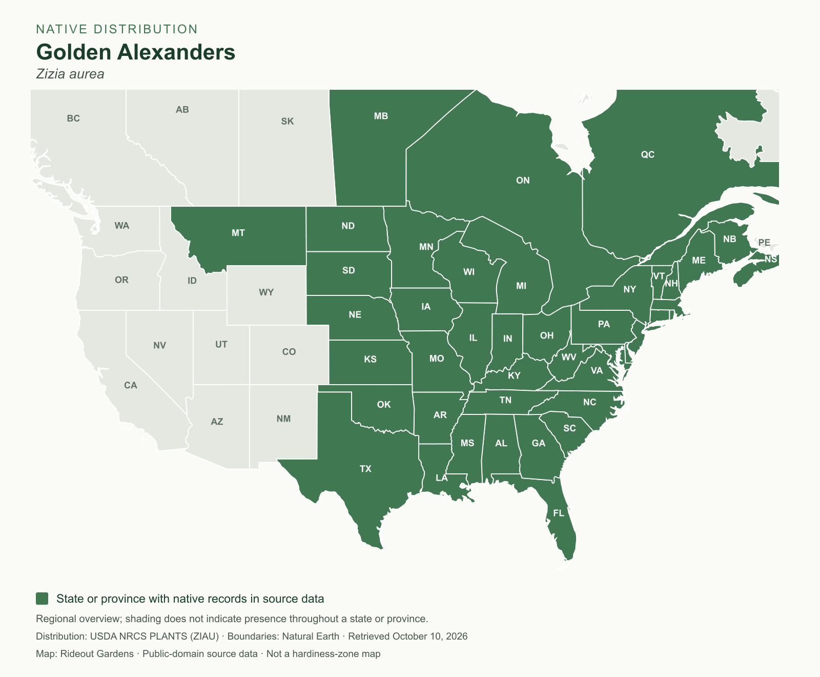 golden alexanders (zizia aurea) native range State and province native distribution map for Zizia aurea